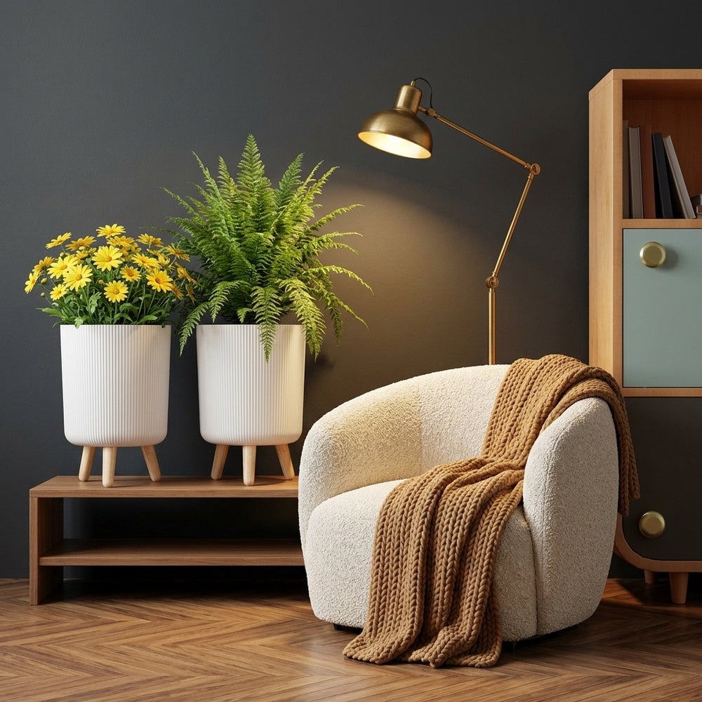 Modern Ribbed Planter with Wooden Legs
