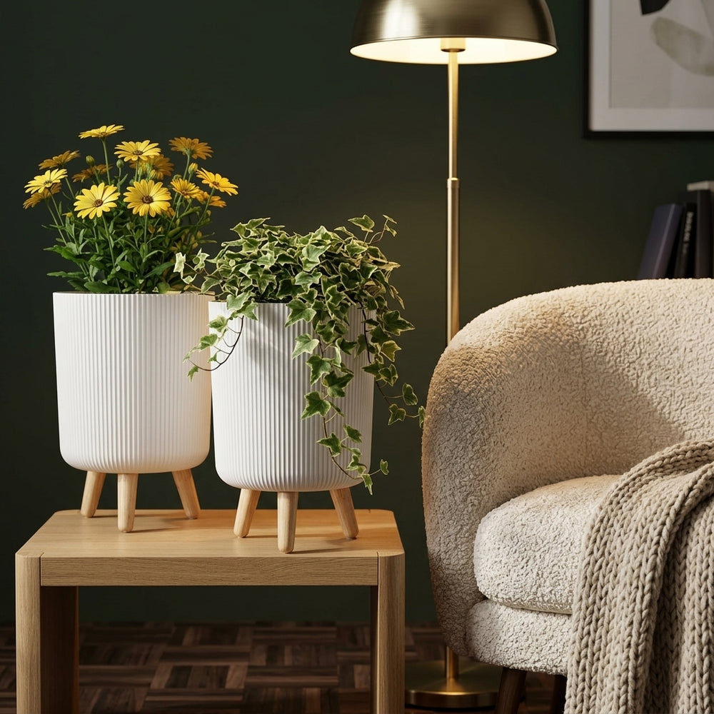 Modern Ribbed Planter with Wooden Legs