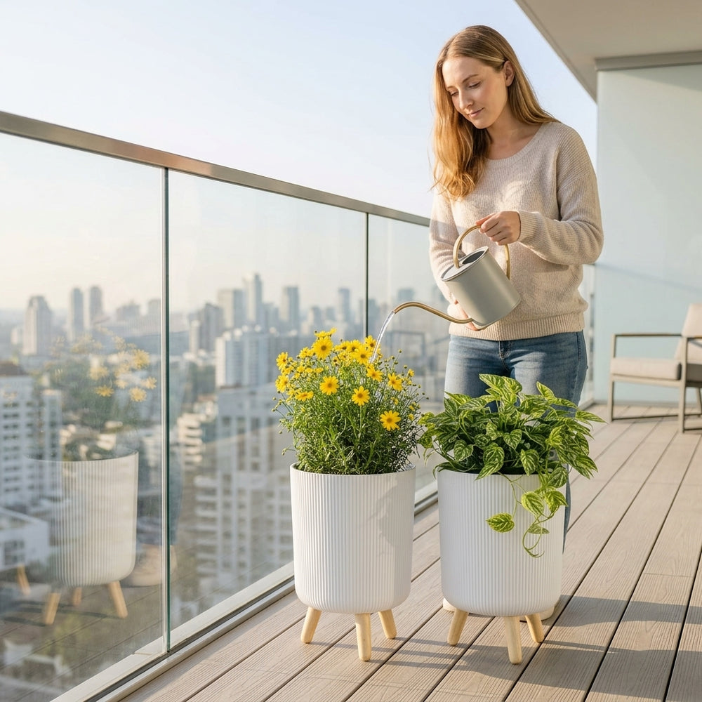 Modern Ribbed Planter with Wooden Legs